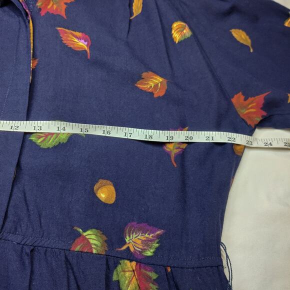 Vtg California Design Fall Autumn Leaf Print Long Sleeve Navy Blue Midi Dress 14 - Picture 11 of 13
